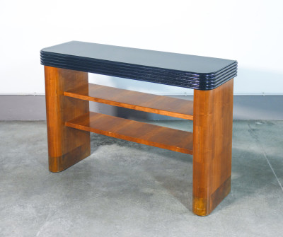 Consolle Art Decò, design italiano, in legno, con cornice ebanizzata e piano in vetro. Italia, Anni 30