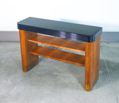 Consolle Art Decò, design italiano, in legno, con cornice ebanizzata e piano in vetro. Italia, Anni 30