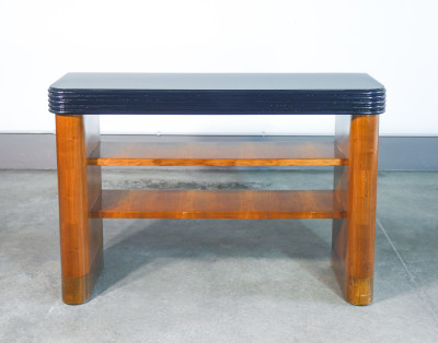 Consolle Art Decò, design italiano, in legno, con cornice ebanizzata e piano in vetro. Italia, Anni 30