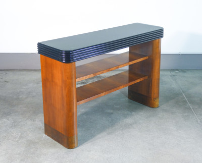 Consolle Art Decò, design italiano, in legno, con cornice ebanizzata e piano in vetro. Italia, Anni 30