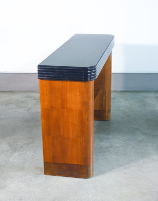 Consolle Art Decò, design italiano, in legno, con cornice ebanizzata e piano in vetro. Italia, Anni 30