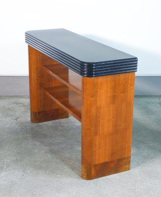 Consolle Art Decò, design italiano, in legno, con cornice ebanizzata e piano in vetro. Italia, Anni 30
