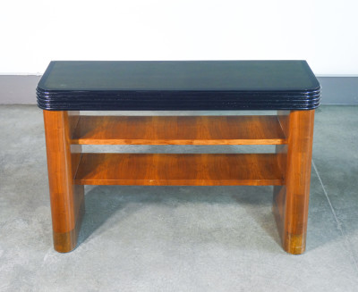 Consolle Art Decò, design italiano, in legno, con cornice ebanizzata e piano in vetro. Italia, Anni 30