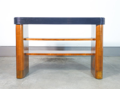 Consolle Art Decò, design italiano, in legno, con cornice ebanizzata e piano in vetro. Italia, Anni 30