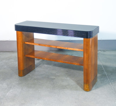 Consolle Art Decò, design italiano, in legno, con cornice ebanizzata e piano in vetro. Italia, Anni 30