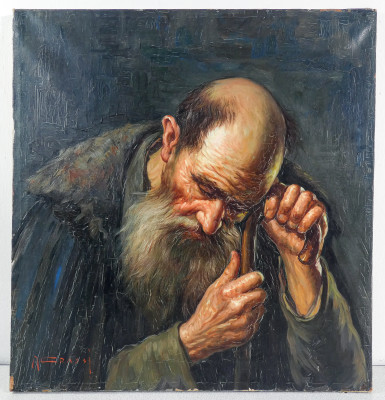 Dipinto a olio su tela di Alfonso GRASSI Anziano su bastone. Italia, Anni 60