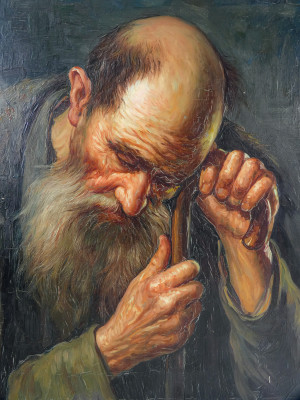 Dipinto a olio su tela di Alfonso GRASSI Anziano su bastone. Italia, Anni 60