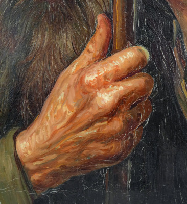 Dipinto a olio su tela di Alfonso GRASSI Anziano su bastone. Italia, Anni 60
