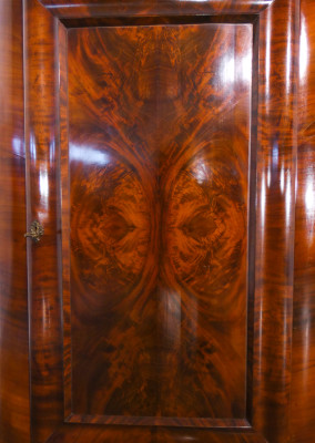 Angoliera inglese in legno impiallacciato in radica e piuma di mogano, anta singola e cassetto. Ottocento