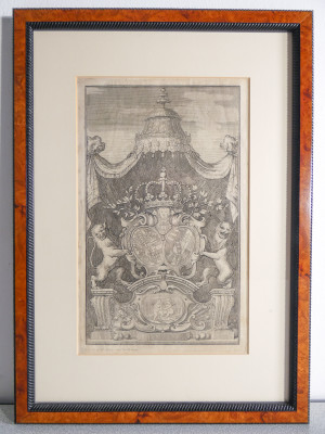 Antiporta figurata di volume pubblicato a Torino nel 1737, acquaforte raffigurante gli stemmi coronati delle case Savoia e Lorena, realizzata da Joseph A. PRENNER Torino Italia, 1737