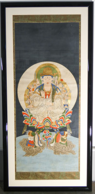 Dipinto raffigurante Kannon Bosatsu Avalokitesvara bodhisattva, Guanyin, pittura su carta applicata a tela. Giappone, Ottocento