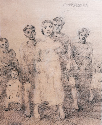 Disegno a firma Mario Natale BIAZZI Fraternità familiare matita su carta, Cremona, Primo Novecento