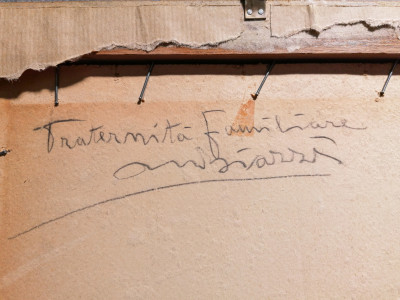 Disegno a firma Mario Natale BIAZZI Fraternità familiare matita su carta, Cremona, Primo Novecento