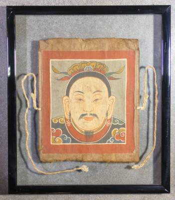 Serie di quattro maschere cerimoniali taoiste Yao dipinte su carta. In cornici a giorno. Cina del Sud Sudest asiatico, Secondo Ottocento