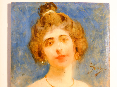Dipinto firmato in olio su tavola. Ritratto di donna. Ottocento