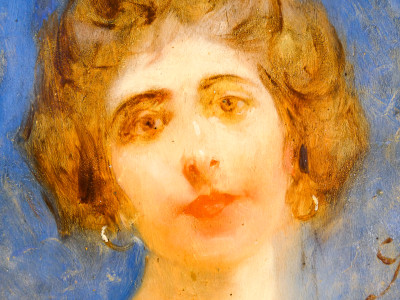 Dipinto firmato in olio su tavola. Ritratto di donna. Ottocento