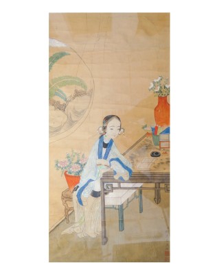 Antico dipinto su carta firmato Jiao BINGZHEN (1689-1726). Dama di corte. Cina