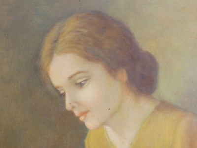 Dipinto a olio firmato A. BONOMI Figura di donna seduta con mele. Italia, Novecento