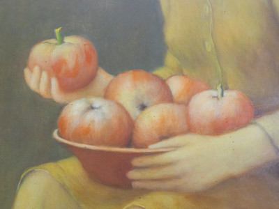Dipinto a olio firmato A. BONOMI Figura di donna seduta con mele. Italia, Novecento