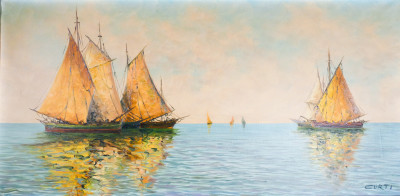 Quadro firmato CURTI raffigurante una Marina con barche a vela. Italia, Novecento