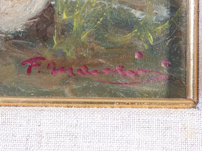 Dipinto a olio firmato Ferruccio MANCINI Bambine al lago, lavandaie. Italia, Secondo Novecento