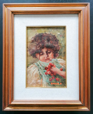 Quadro firmato Paolo BIANCHI Bambina con ciliegie. Olio su tela applicata a tavola. Italia, Novecento