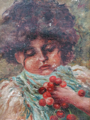 Quadro firmato Paolo BIANCHI Bambina con ciliegie. Olio su tela applicata a tavola. Italia, Novecento