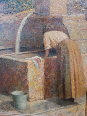 Quadro recante firma G. Rito BACCARINI Lavandaie. Olio su tavola. Italia, Novecento