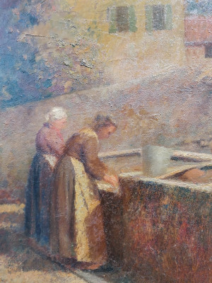 Quadro recante firma G. Rito BACCARINI Lavandaie. Olio su tavola. Italia, Novecento