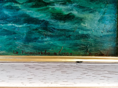 Dipinto a olio a firma Pasquale CAMBIASO La Formidabile a Lissa. Sul retro, restauri realizzati con carta manoscritta dell