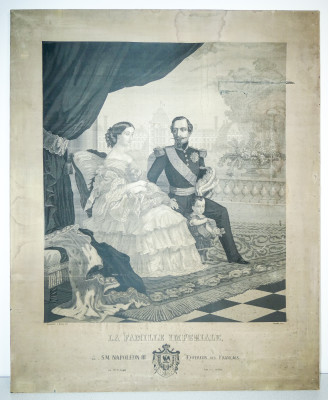 Straordinario ricamo su seta raffigurante Napoleone III e la famiglia imperiale, realizzato dal tessitore Michel Marie François CARQUILLAT, su disegno di Saignemorte e Bruyas. Lione Francia, 1858
