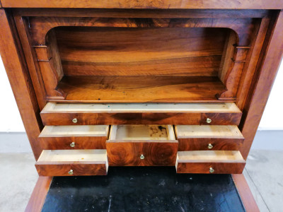Secretaire cappuccino, Carlo X in legno di noce e radica di noce, con cassetti interni, scomparto inferiore ad ante con cassetto, e cassetto superiore. Italia, 1800