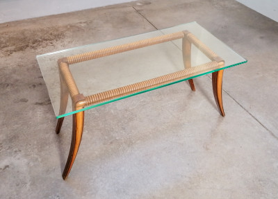 Tavolino da salotto design Osvaldo BORSANI, in legno e vetro. Italia, Anni 40