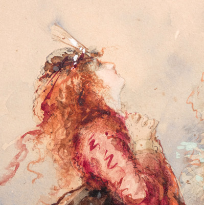 Acquerello su carta di notevole fattura, "Dama e Cupido", probabilmente di area inglese. Datato 1865