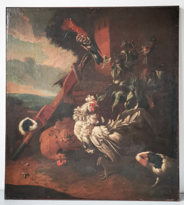 Dipinto seicentesco nello stile del fiammingo Melchior DE HONDECOETER (1636-1695) Un gallo, un gallina, upupa, uccellino e due porcellini dIndia in un paesaggio. Olio su tela. Area fiamminga, Seicento
