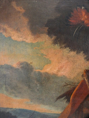 Dipinto seicentesco nello stile del fiammingo Melchior DE HONDECOETER (1636-1695) Un gallo, un gallina, upupa, uccellino e due porcellini d'India in un paesaggio. Olio su tela. Area fiamminga, Seicento