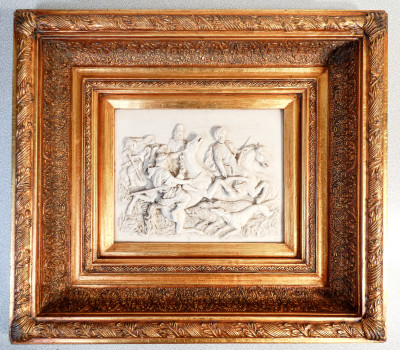 Altorilievo raffigurante una Scena di Caccia. Edward William WYON. Cornice in legno gessato e dorato. Inghilterra, Secondo Ottocento