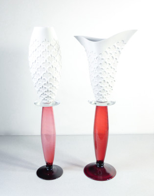 Coppia di vasi Celine design Borek SIPEK per DRIADE. Vetro soffiato e ceramica. Italia, Anni 90