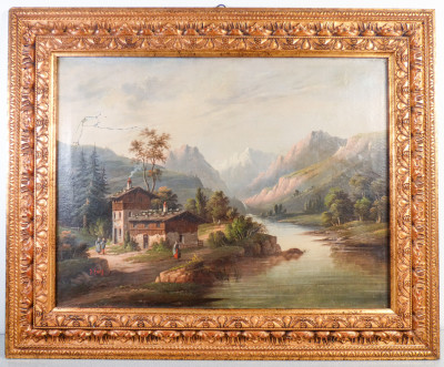Paesaggio in olio su tela raffigurante un pasaggio montano firmato Y. LEVY, in bella cornice riccamente scolpita e dorata. Fine Settecento Ottocento