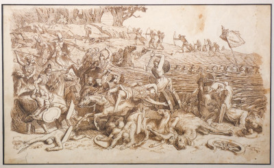 Disegno ottocentesco a china raffigurante probabilmente una battaglia greco-persiana. Italia, Ottocento