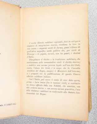 ELENCO UFFICIALE NOBILIARE ITALIANO. A cura della Consulta Araldica del Regno. Fratelli BOCCA Editore 1922