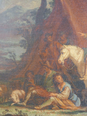 Dipinto a olio di scuola italiana settecentesca, Scena pastorale. Cornice coeva dorata in foglia oro. Italia, Settecento