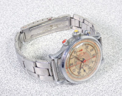 Cronografo da polso MILOS Savoy Watch, con movimento LANDERON 47 a carica manuale, tre tasti, 17 gioielli. Svizzera, Anni 30