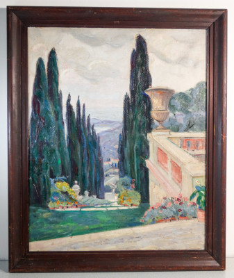 Dipinto attribuito alla mano del pittore Jean PERRET (1910-2003) raffigurante un Paesaggio Provenzale. Olio su tela. Francia, Novecento