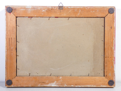 Quadro anonimo raffigurante una marina. Olio su carta, cornice in legno gessato e dorato. Italia, Novecento