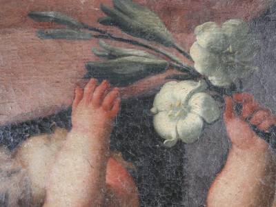 Dipinto in olio su tela Angelo con Giglio. Italia, Seicento