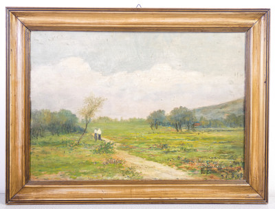 Dipinto firmato Emilia FERRETTINI ROSSOTTI, Paesaggio con figure. Italia, 1907