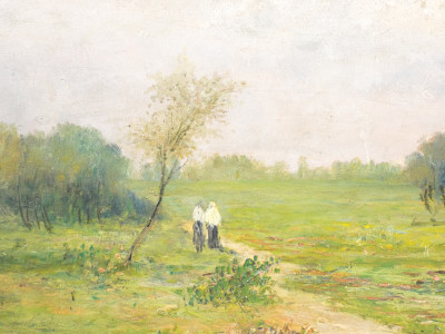 Dipinto firmato Emilia FERRETTINI ROSSOTTI, Paesaggio con figure. Italia, 1907