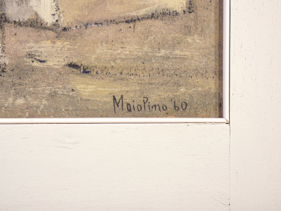 Dipinto firmato Enzo MAIOLINO (1926 – 2016), Case a Calvo (Ventimiglia). Italia, 1960