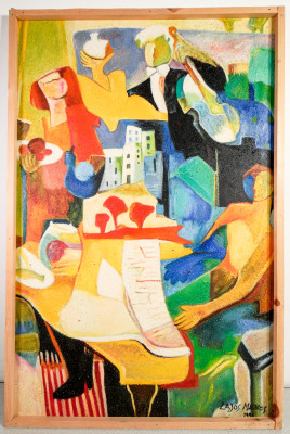 Dipinto in olio su tela recante firma Lajos MARKOS. Musicisti. 1991